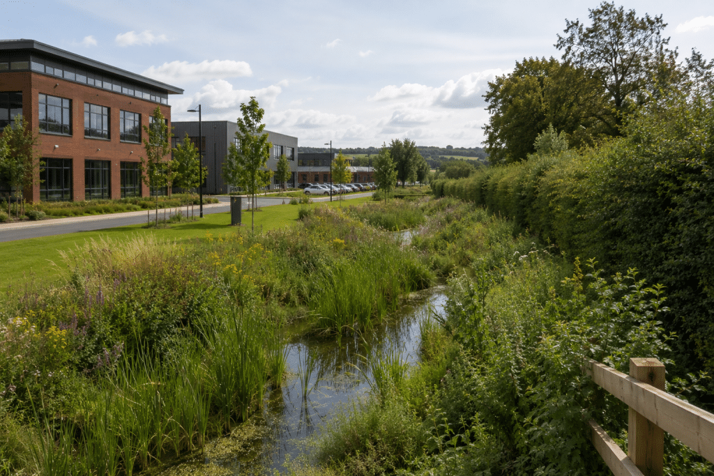 Mixed use development in Nottinghamshire featuring retained hedgerows, sustainable drainage features, native planting and landscaped green spaces integrated alongside modern buildings to deliver biodiversity net gain on site.