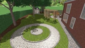Landscaping Schemes Page - Generic 1 - ProHort Ltd Backyard with circular stone path, green lawn, and a wooden pergola near a brick house and trees.