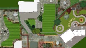 Services - Landscaping Schemes - Large - ProHort Ltd Top-down view of a landscaped backyard and patio layout showing lawn, pathways, plant beds, and circular seating area.