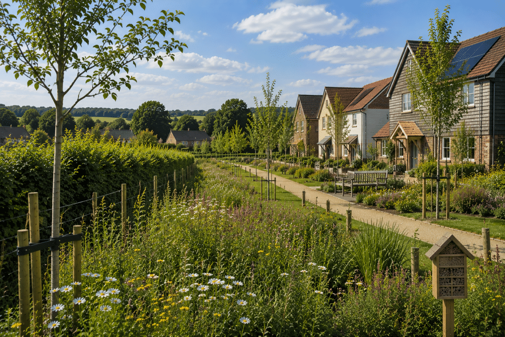 Residential development on the edge of a Sussex village featuring reinforced native hedgerows, species rich wildflower planting, landscaped green corridors, young trees and high quality contemporary homes set within the rolling South Downs landscape