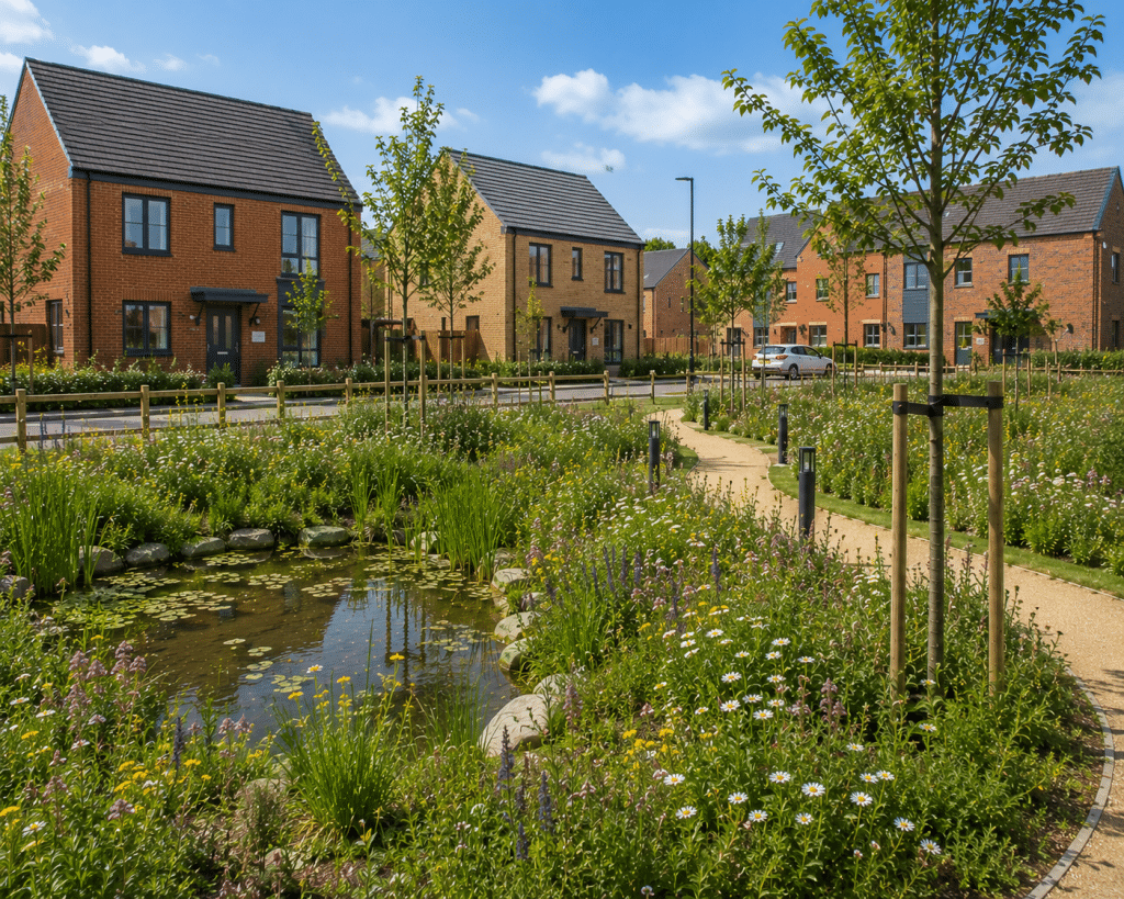 Small residential development in Nottinghamshire featuring a wildlife friendly pond, native wildflower meadows, young tree planting and landscaped green spaces integrated between modern homes as part of a Biodiversity Gain Plan and biodiversity net gain scheme.
