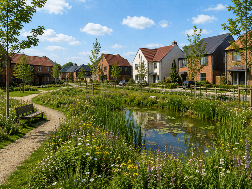 Residential development in Sussex featuring a wildlife friendly pond, native wildflower meadows, young tree planting and landscaped green spaces integrated between modern homes to deliver biodiversity net gain.