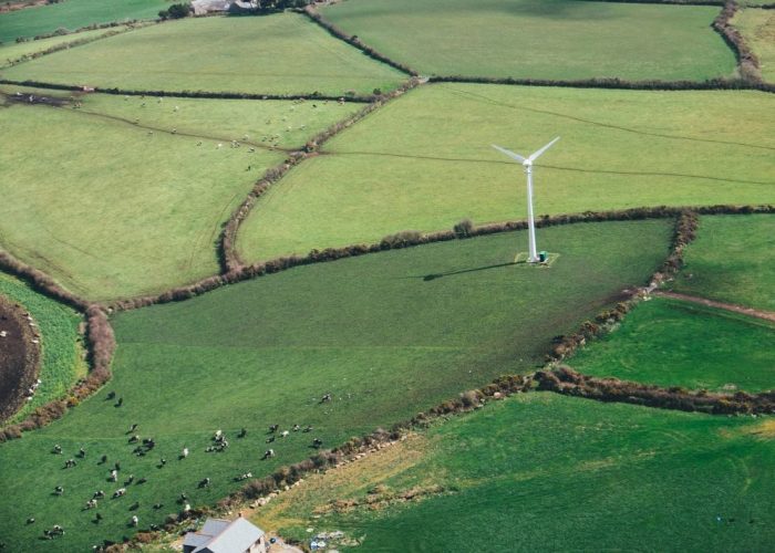 Aerial view of farmland with field boundaries and a windmill, showing surrounding habitats relevant to a Preliminary Ecological Appraisal.