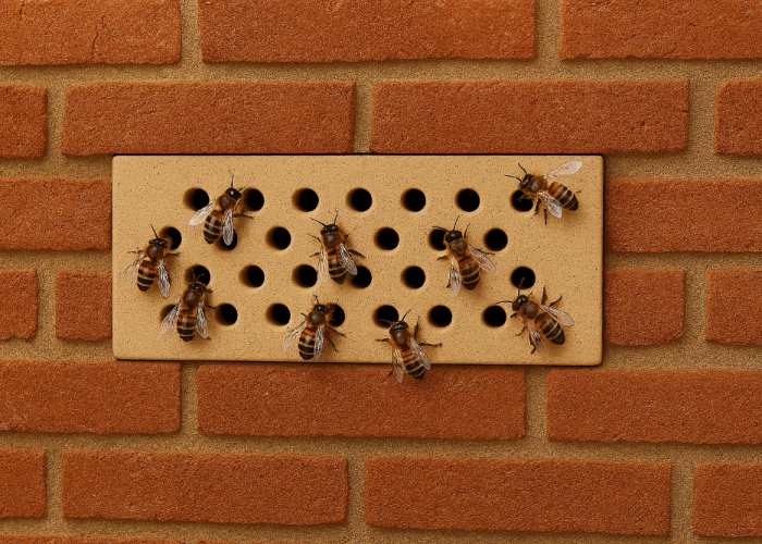 nine bees hover on a bee box at the edge of holes